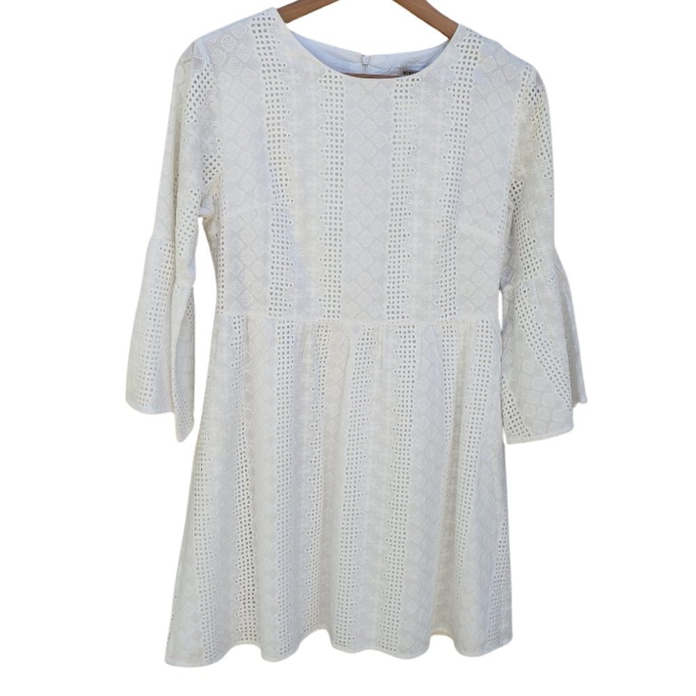 NWT Miss Kelly 1999 Lace Eyelet Fitted Dress W Bell Sleeves Size L